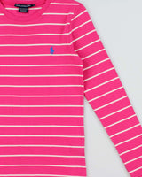 Vintage Y2K 00s Ralph Lauren Sport Women's Hot Pink Heavyweight Striped Long Sleeve Fitted Crewneck Shirt - L