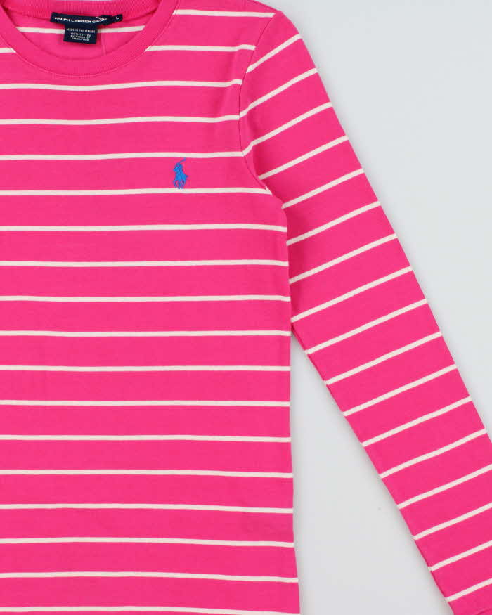 Vintage Y2K 00s Ralph Lauren Sport Women's Hot Pink Heavyweight Striped Long Sleeve Fitted Crewneck Shirt - L