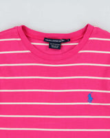 Vintage Y2K 00s Ralph Lauren Sport Women's Hot Pink Heavyweight Striped Long Sleeve Fitted Crewneck Shirt - L