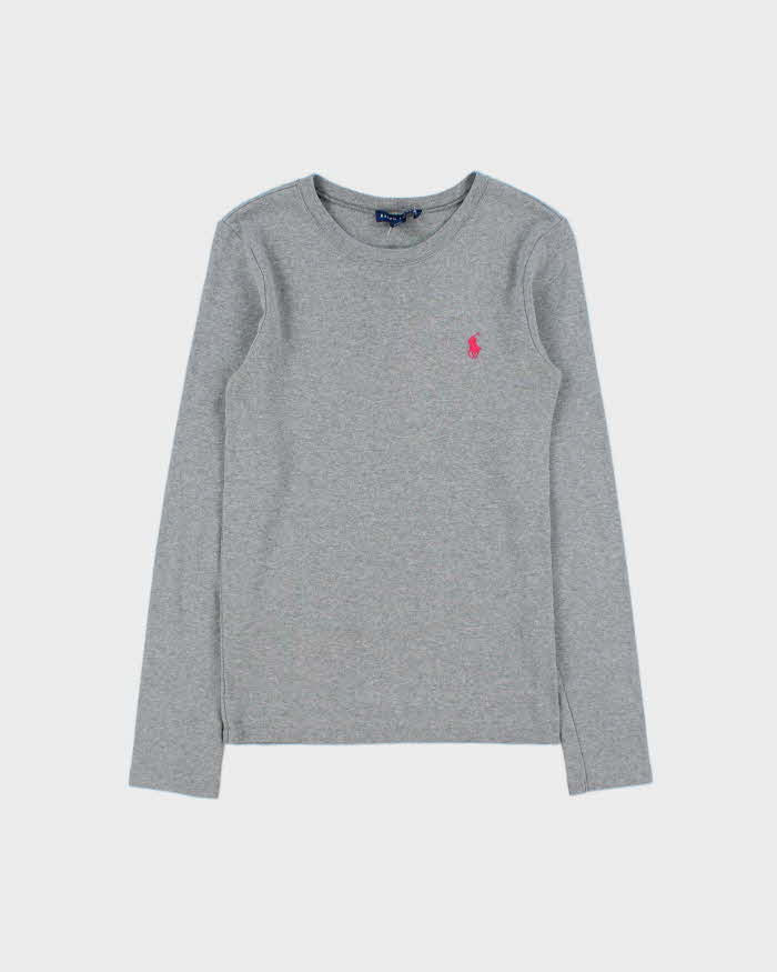 Vintage Y2K 00s Ralph Lauren Women's Marl Grey Heavyweight Fitted Long Sleeve Crewneck T-Shirt - M