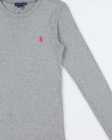 Vintage Y2K 00s Ralph Lauren Women's Marl Grey Heavyweight Fitted Long Sleeve Crewneck T-Shirt - M
