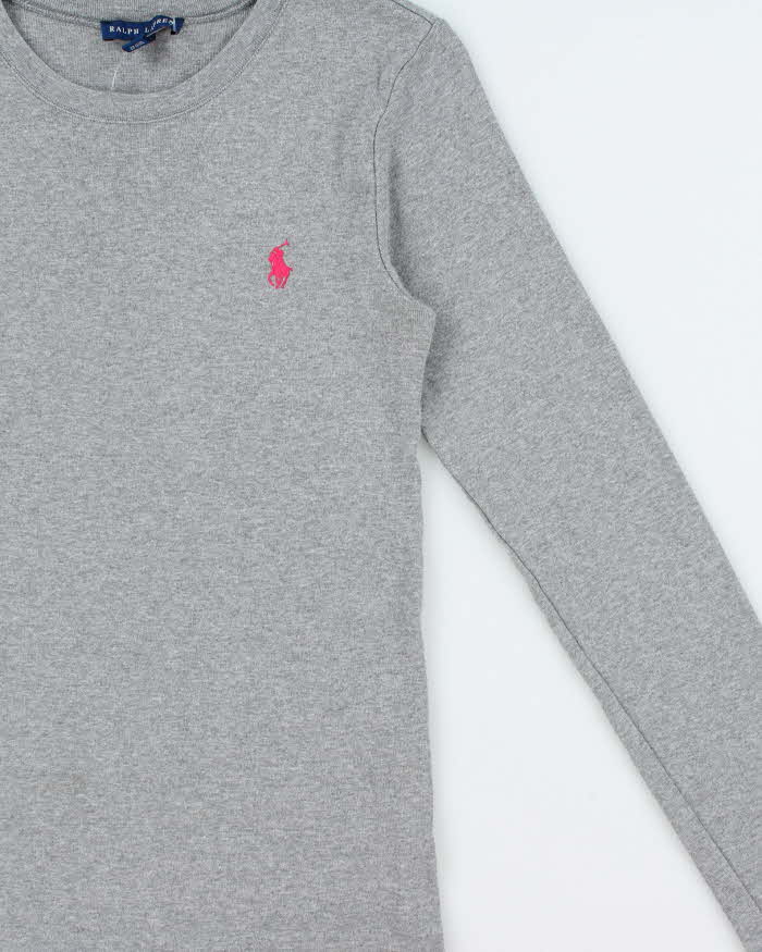 Vintage Y2K 00s Ralph Lauren Women's Marl Grey Heavyweight Fitted Long Sleeve Crewneck T-Shirt - M
