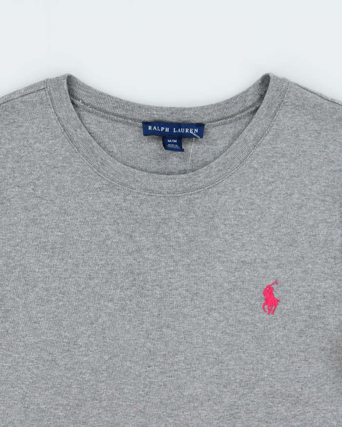 Vintage Y2K 00s Ralph Lauren Women's Marl Grey Heavyweight Fitted Long Sleeve Crewneck T-Shirt - M