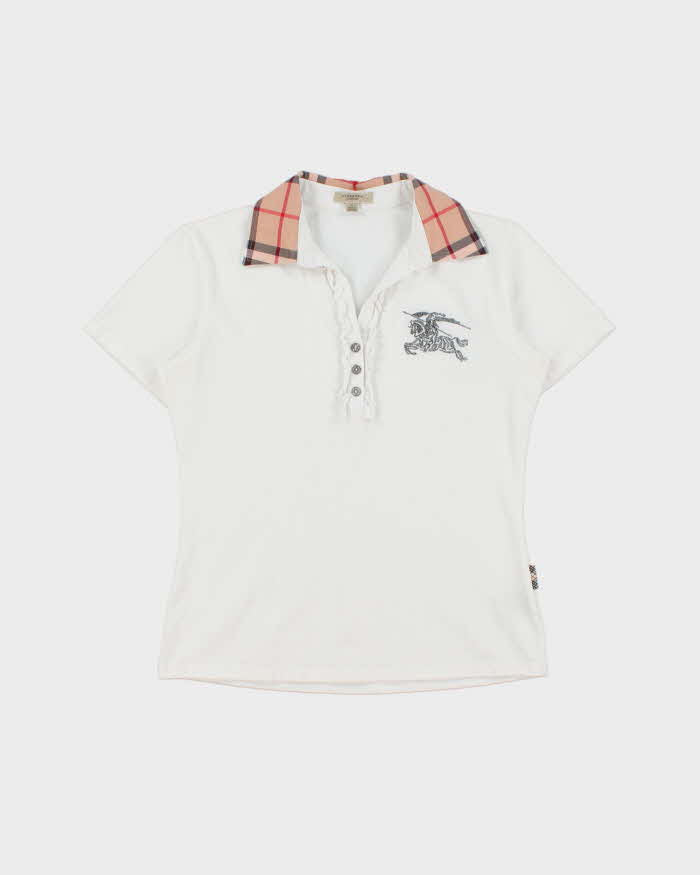 Vintage Y2K 00s Burberry Women's Nova Check Ruffle Placket Short Sleeve Polo Shirt - L