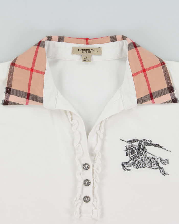 Vintage Y2K 00s Burberry Women's Nova Check Ruffle Placket Short Sleeve Polo Shirt - L