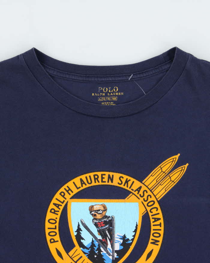 Vintage Polo Ralph Lauren Ski Bear Navy Women's Striped Long Sleeve Crewneck T-Shirt - L