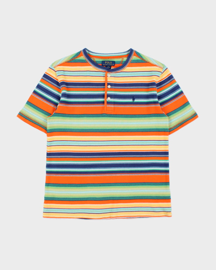 Vintage Polo Ralph Lauren Women's Heavyweight Striped Woven Crewneck Henley T-Shirt - L