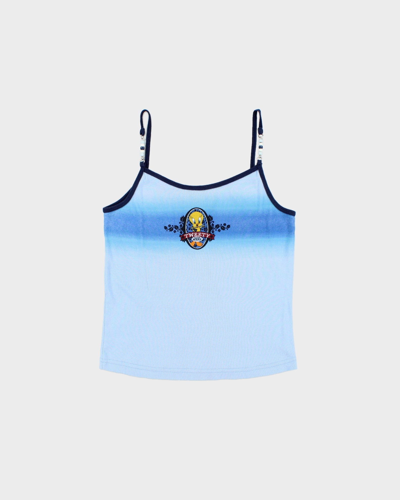 Vintage 2000 Y2K Warner Bros. Looney Tunes Tweety Surf Wear Women's Baby Blue Beaded Vest Top - L