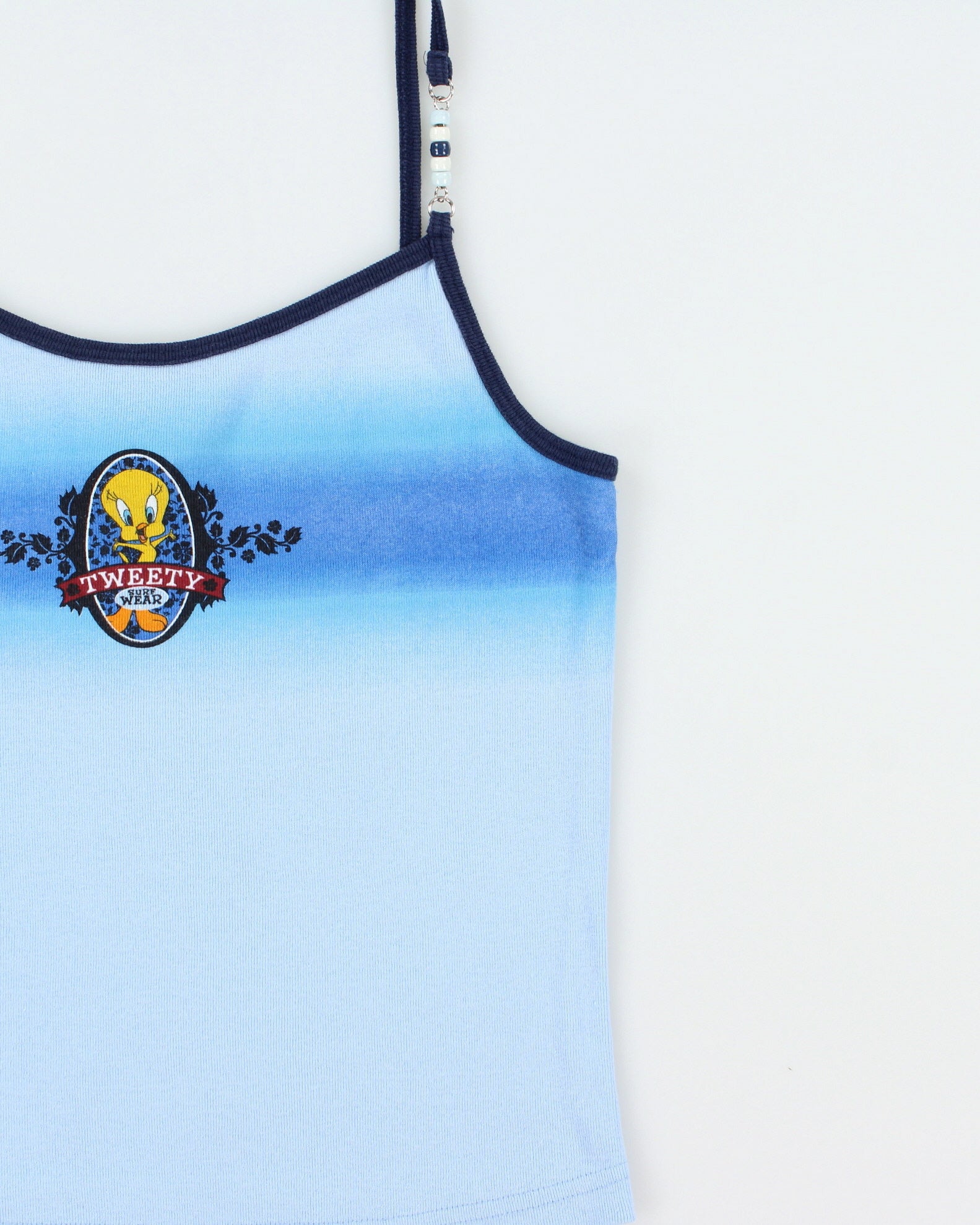Vintage 2000 Y2K Warner Bros. Looney Tunes Tweety Surf Wear Women's Baby Blue Beaded Vest Top - L