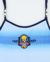 Vintage 2000 Y2K Warner Bros. Looney Tunes Tweety Surf Wear Women's Baby Blue Beaded Vest Top - L