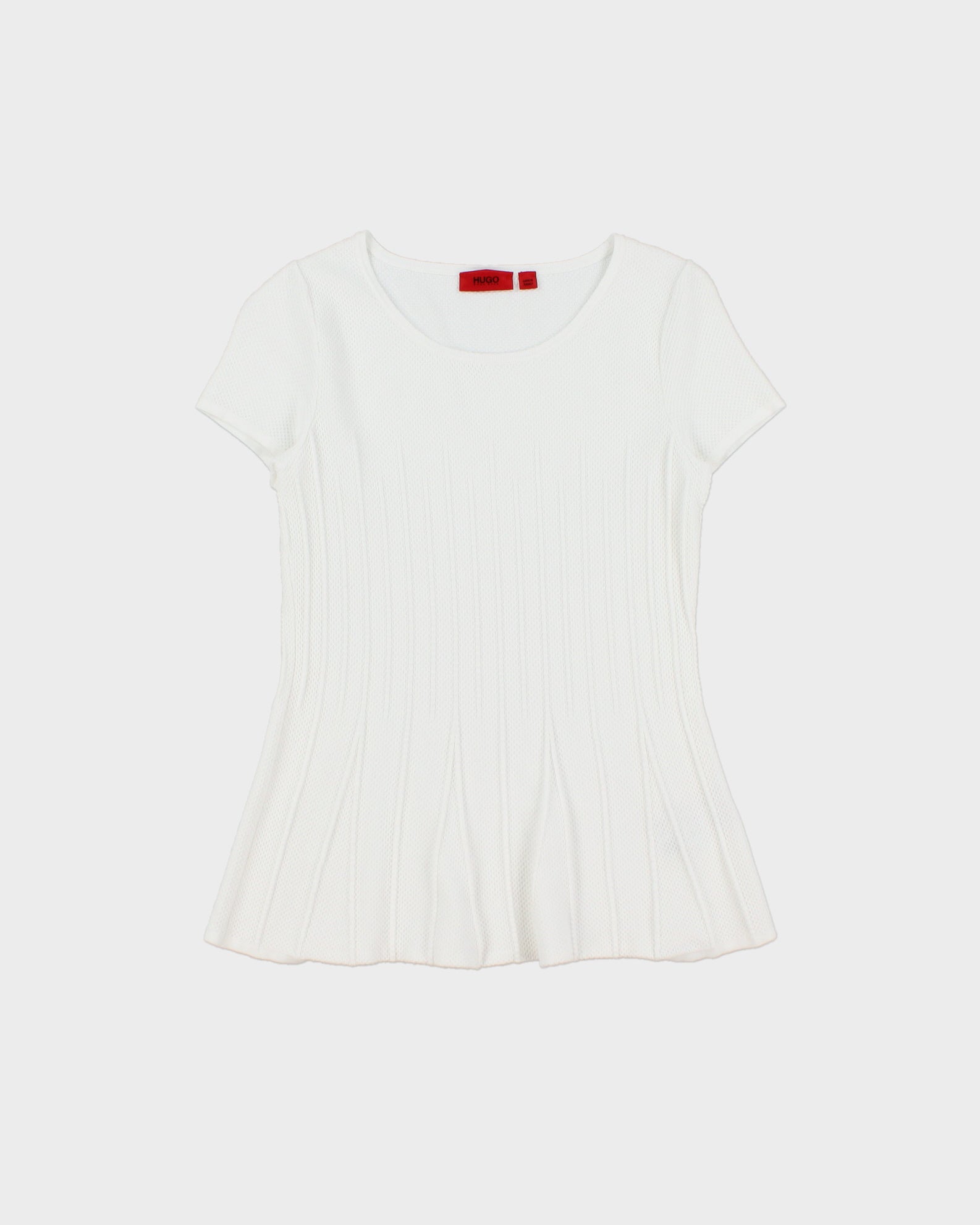 Hugo Boss Women's Simeonna Ribbed Flare Pleated Crewneck Waffle T-Shirt - S