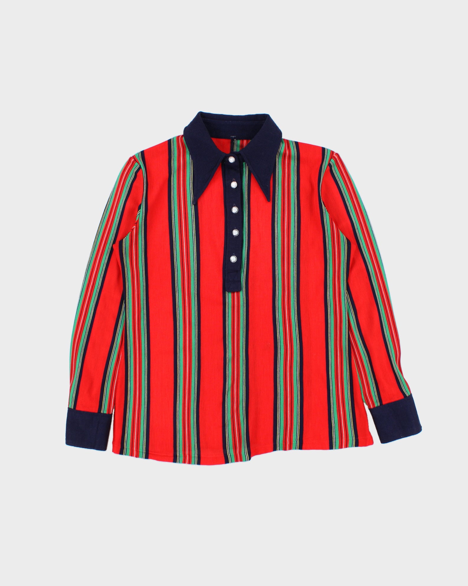 Vintage 1970s Women's Striped Pearl Button Dagger Collared Long Sleeve Polo Shirt - S