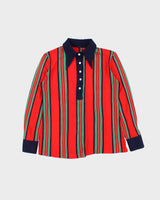 Vintage 1970s Women's Striped Pearl Button Dagger Collared Long Sleeve Polo Shirt - S