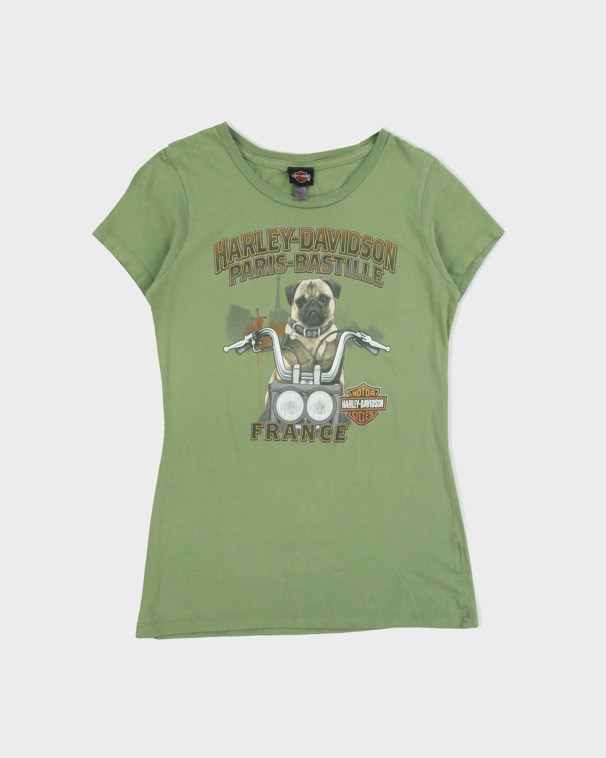 Vintage Harley Davidson Women's Khaki Paris France Pug Rider Crewneck T-Shirt - XS