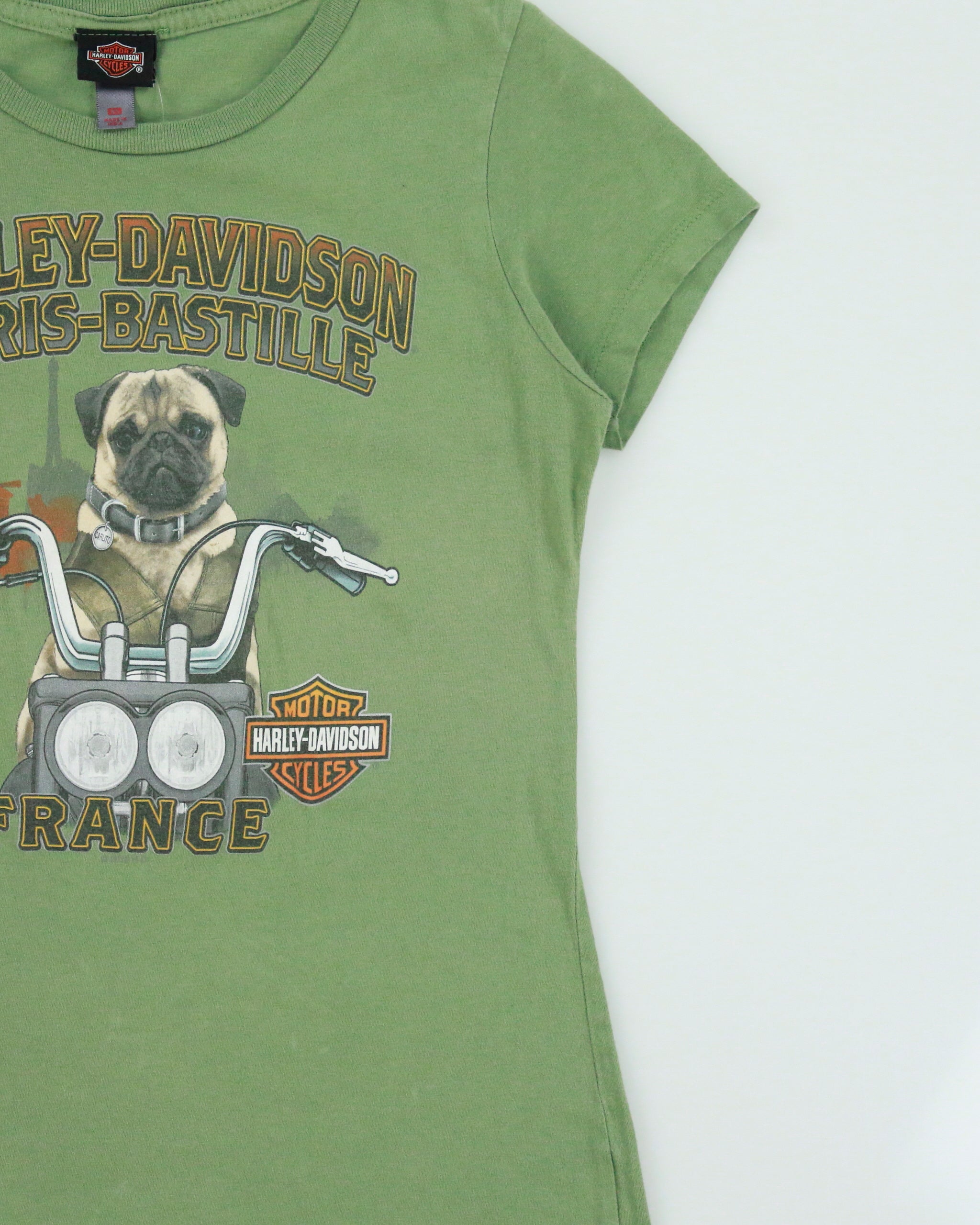 Vintage Harley Davidson Women's Khaki Paris France Pug Rider Crewneck T-Shirt - XS