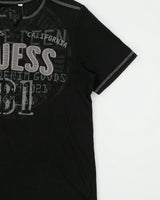 Vintage Y2K 00s Guess Women's Embroidered Contrast Stitch Notched Neck T-Shirt - L