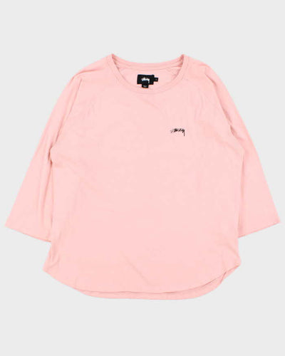 Vintage Women's Stussy Baby Pink 3/4 Sleeve T-Shirt - L