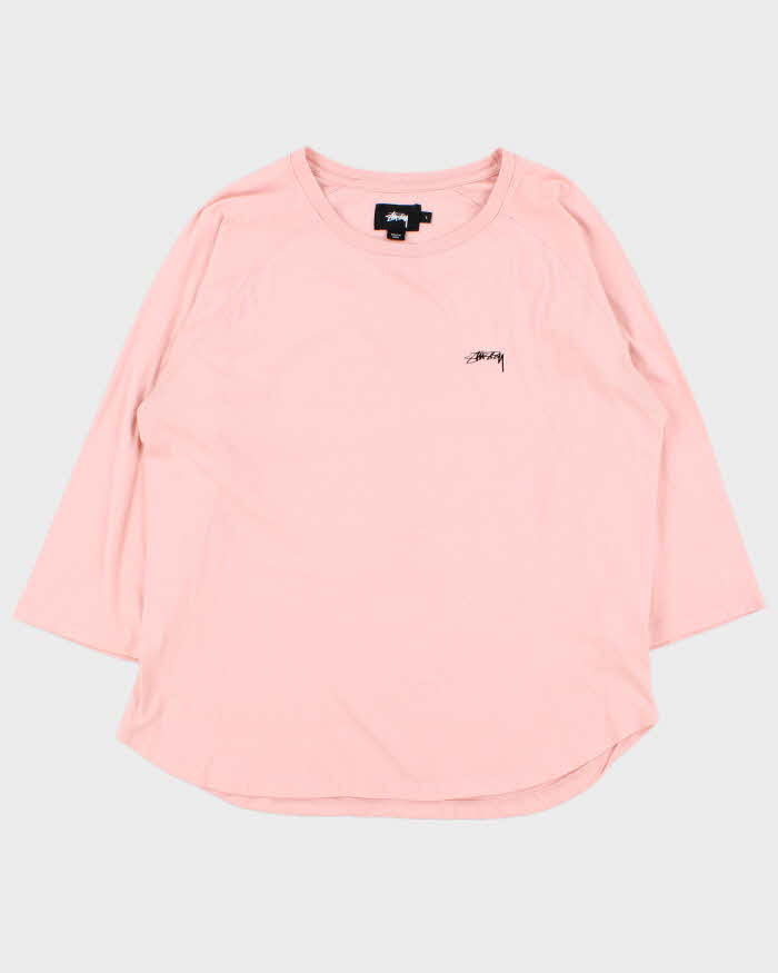 Vintage Women's Stussy Baby Pink 3/4 Sleeve T-Shirt - L