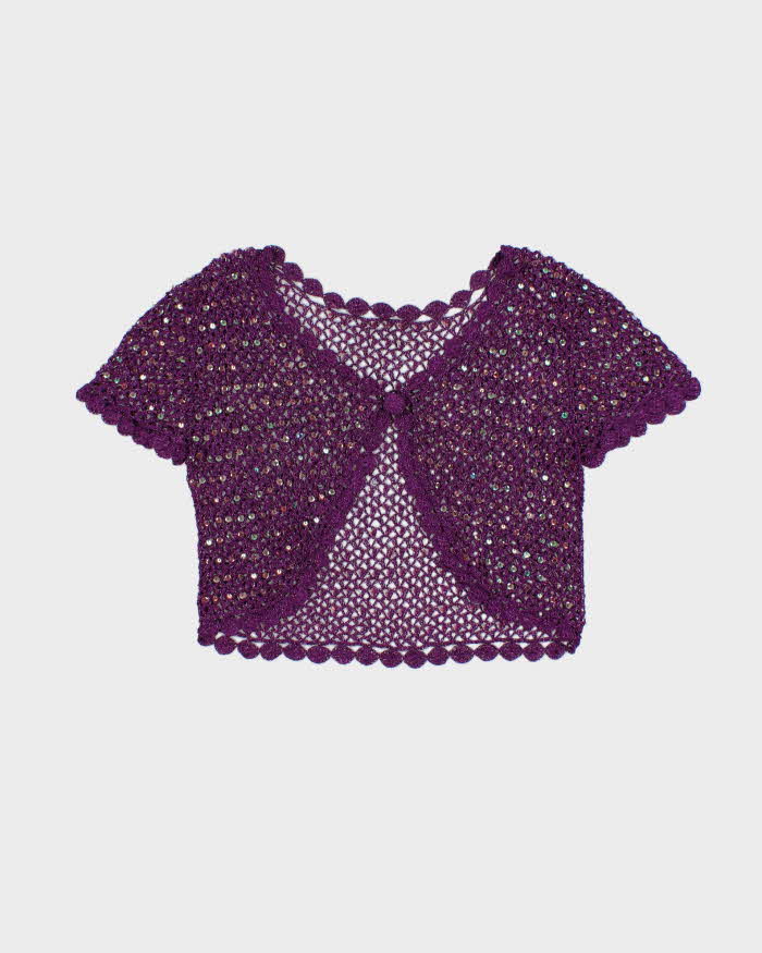 Vintage Y2k 2000s Crochet Sequin Short Sleeve Cardigan - M