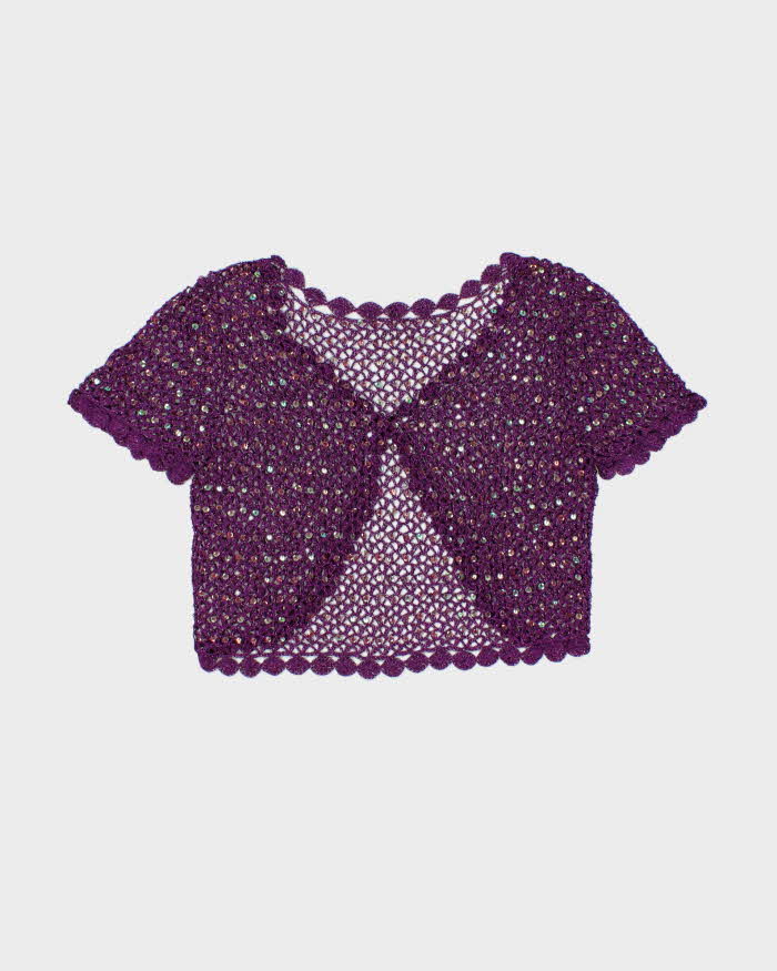 Vintage Y2k 2000s Crochet Sequin Short Sleeve Cardigan - M