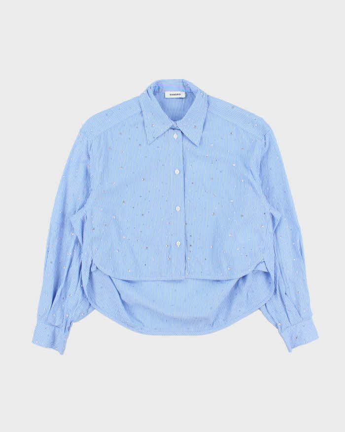 Sandro Pin Stripe Cropped Rhinestone Blouse - XS