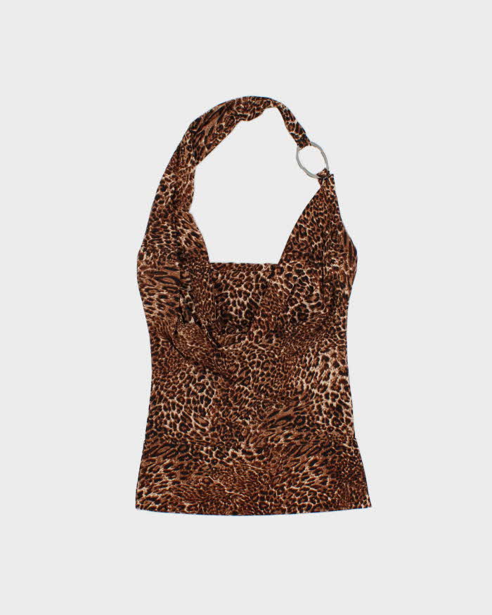 Vintage Y2k 2000s Costa Blanca Leopard Print Cowl Halter Neck Top - S
