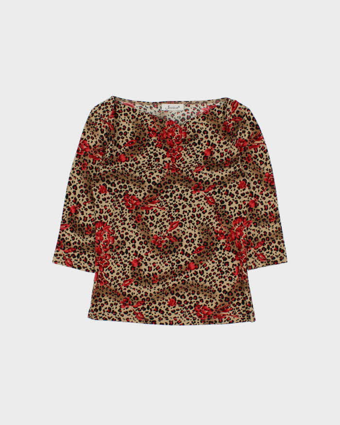 Vintage 1990s Jessica Leopard Print Floral Slinky Cowl Neck Top - S