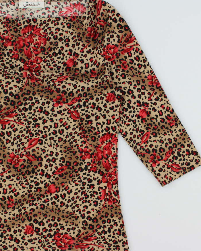 Vintage 1990s Jessica Leopard Print Floral Slinky Cowl Neck Top - S