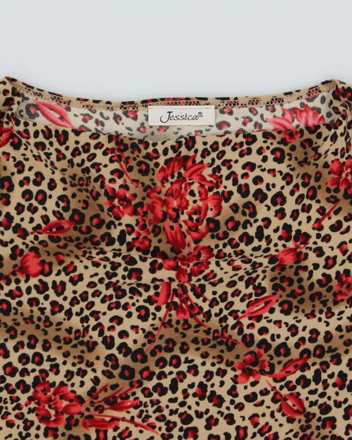 Vintage 1990s Jessica Leopard Print Floral Slinky Cowl Neck Top - S