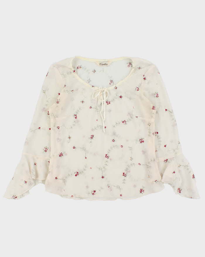 Vintage 1990s Cartise Embroidered Mesh Flared Sleeve Top - M