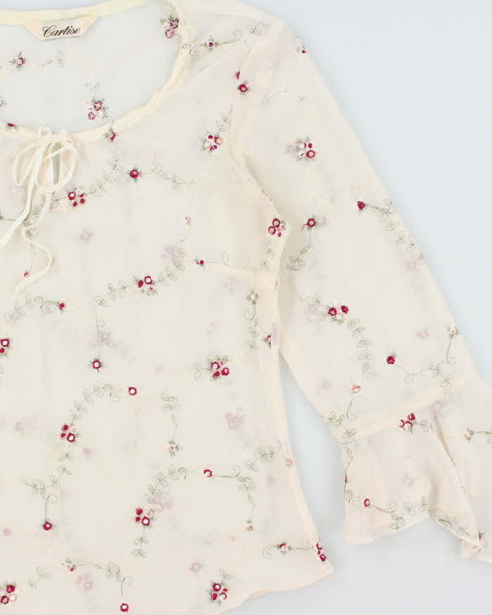 Vintage 1990s Cartise Embroidered Mesh Flared Sleeve Top - M