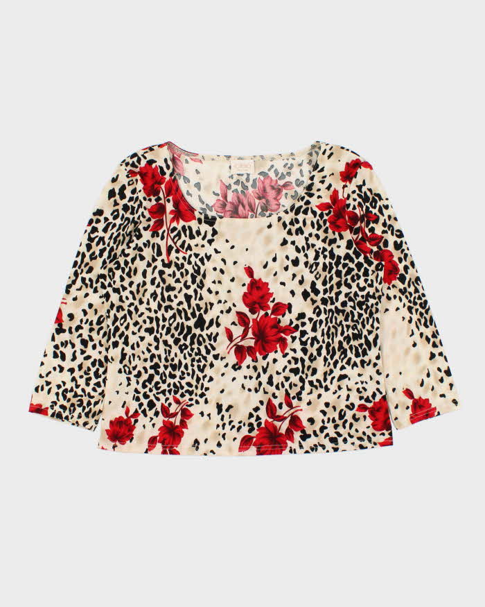 Vintage 1990s Cleo Leopard Print Floral 3/4 Length Sleeve Top - L