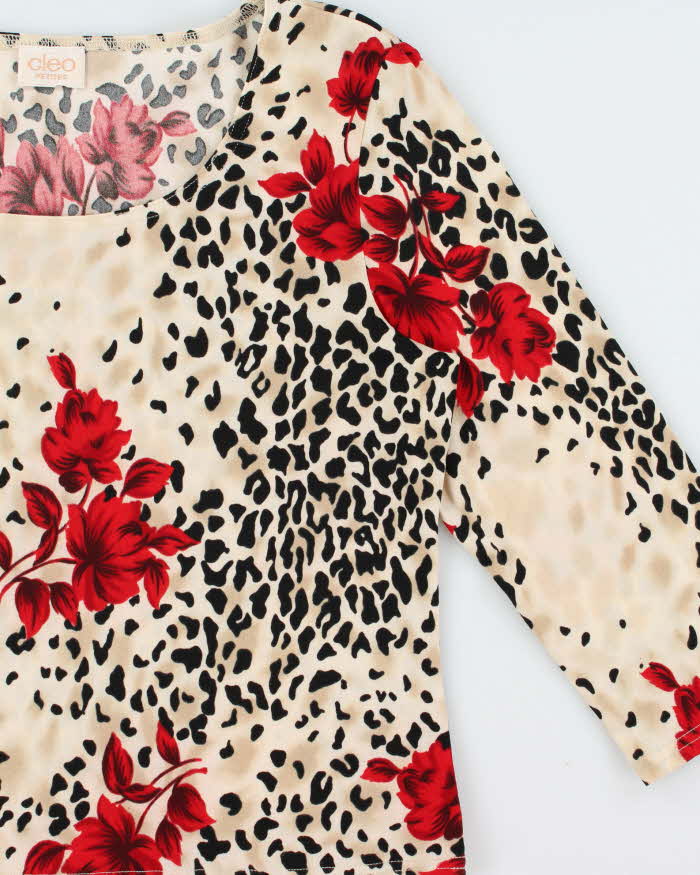 Vintage 1990s Cleo Leopard Print Floral 3/4 Length Sleeve Top - L