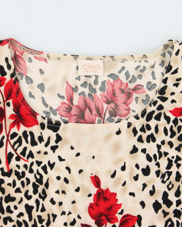 Vintage 1990s Cleo Leopard Print Floral 3/4 Length Sleeve Top - L