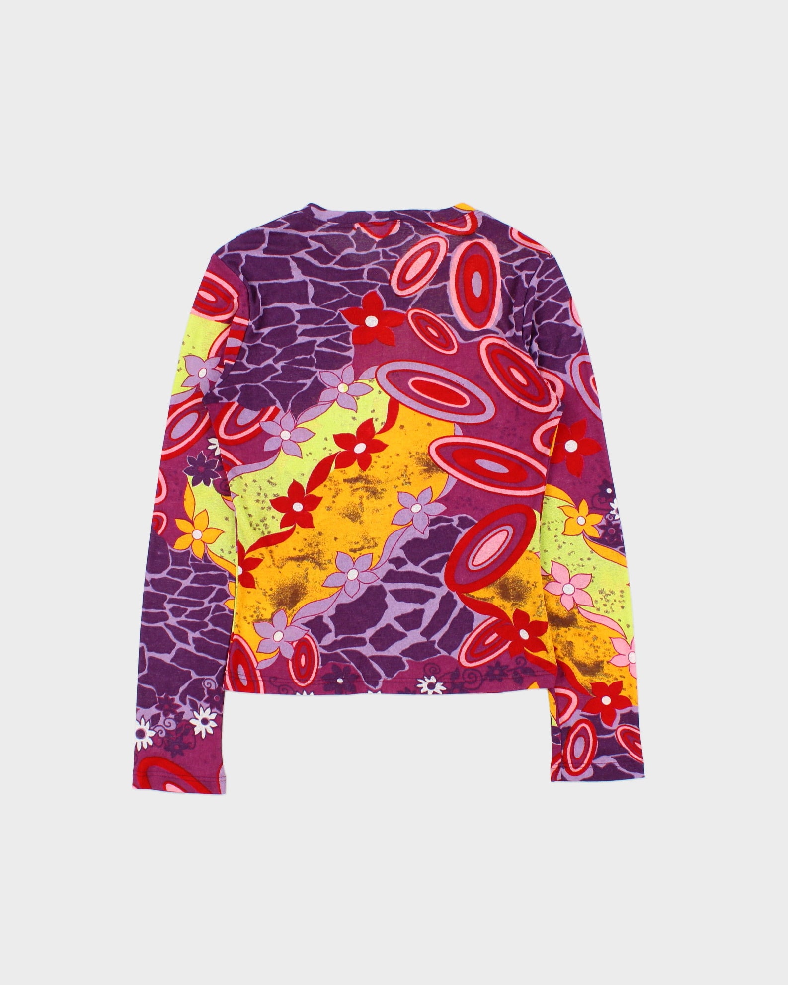 Vintage 1990s Dori Geri Made In USA Mesh Abstract Floral Print Long Sleeve Top - S