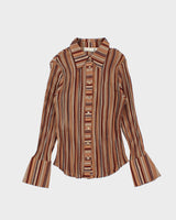 Vintage 2000s Caviar Stripe Plisse Long Sleeve Blouse - M