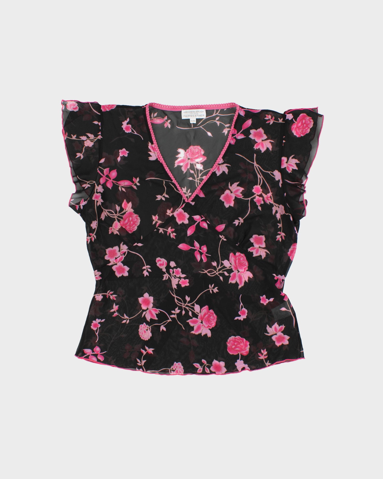 Vintage 1990s Beechers Brook For Fairweather Floral Mesh Ruffle Cap Sleeve Top - L