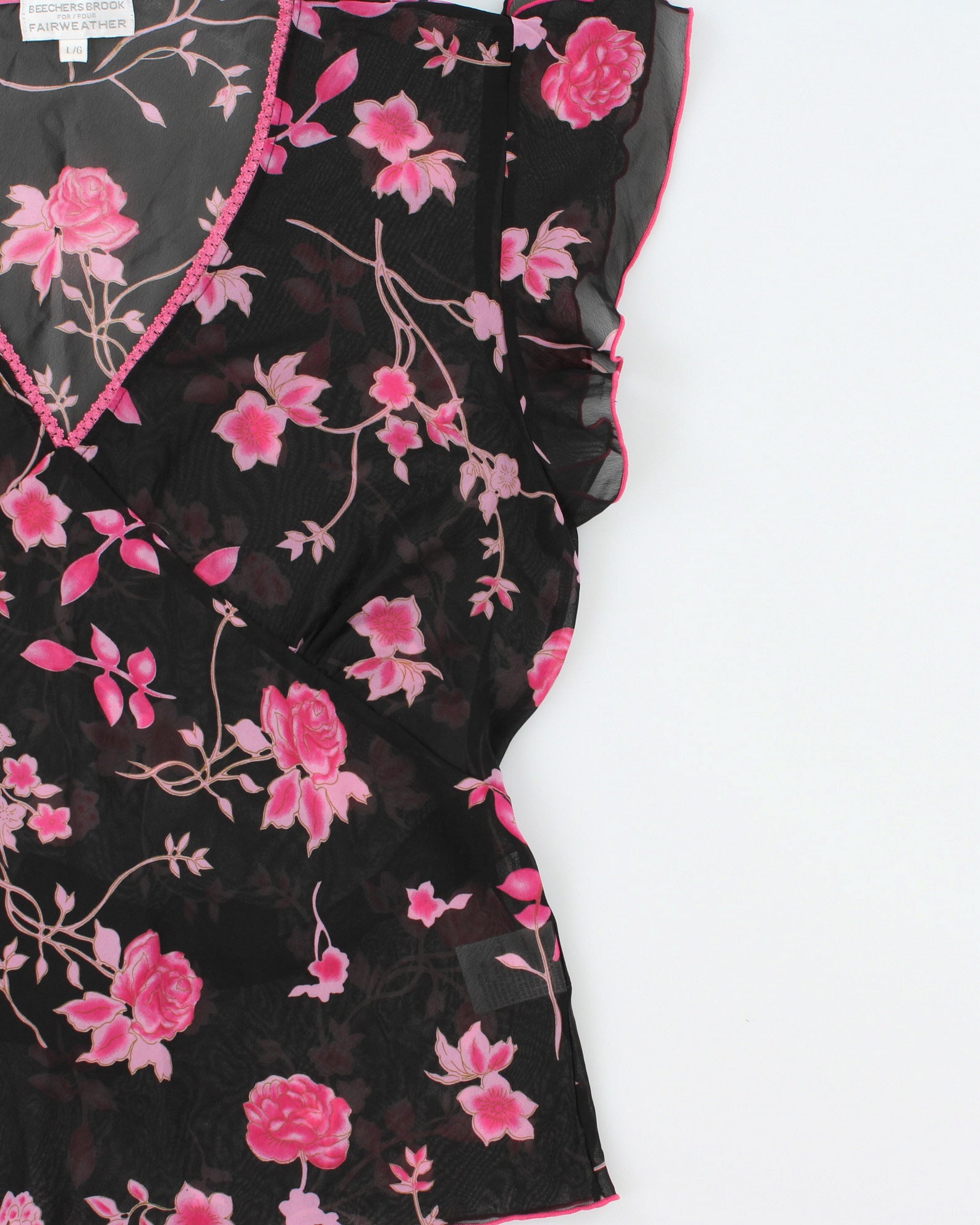 Vintage 1990s Beechers Brook For Fairweather Floral Mesh Ruffle Cap Sleeve Top - L