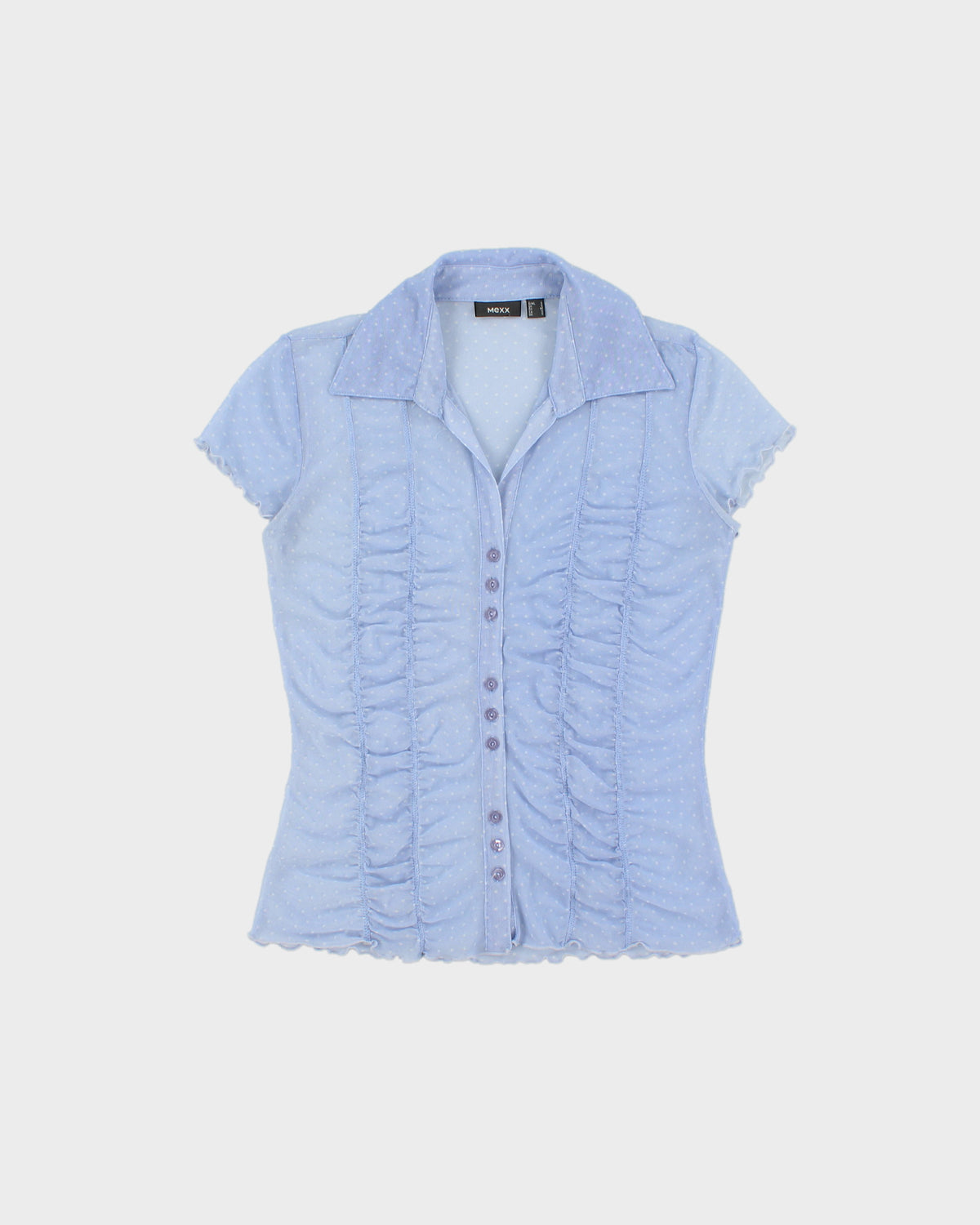 Vintage Y2K 2000s Mexx Polka Dot Mesh Lettuce Hem Blouse - S
