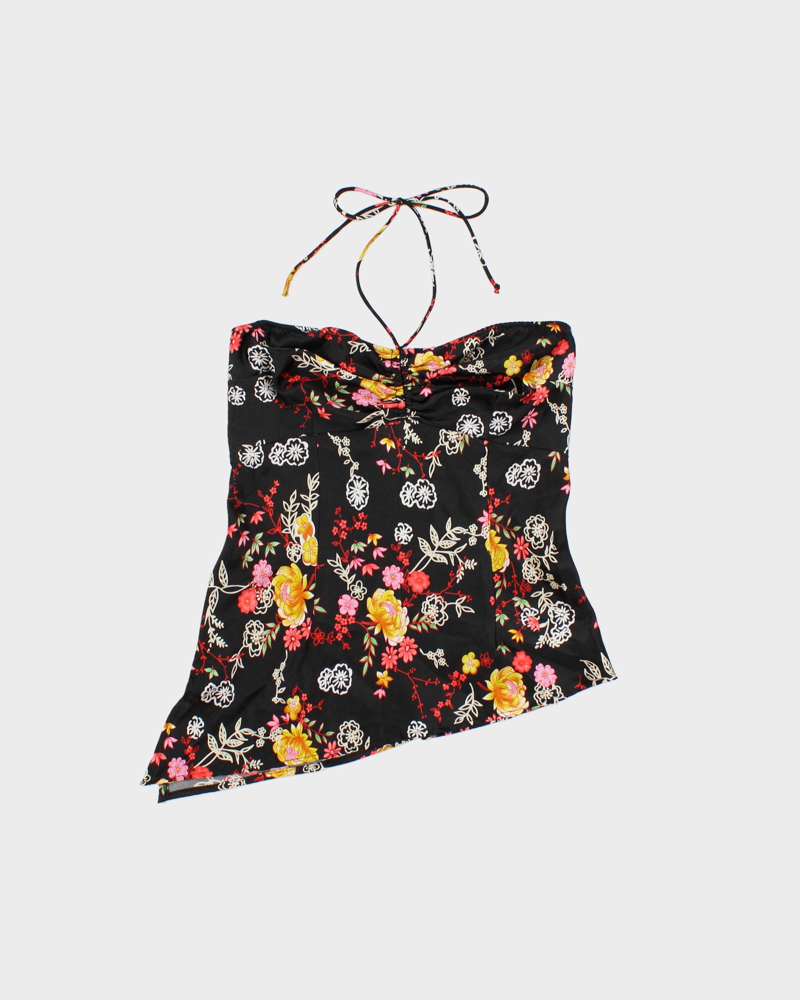 Vintage Y2K 2000s Brody Floral Satin Halter Neck Asymmetric Hem Top - M