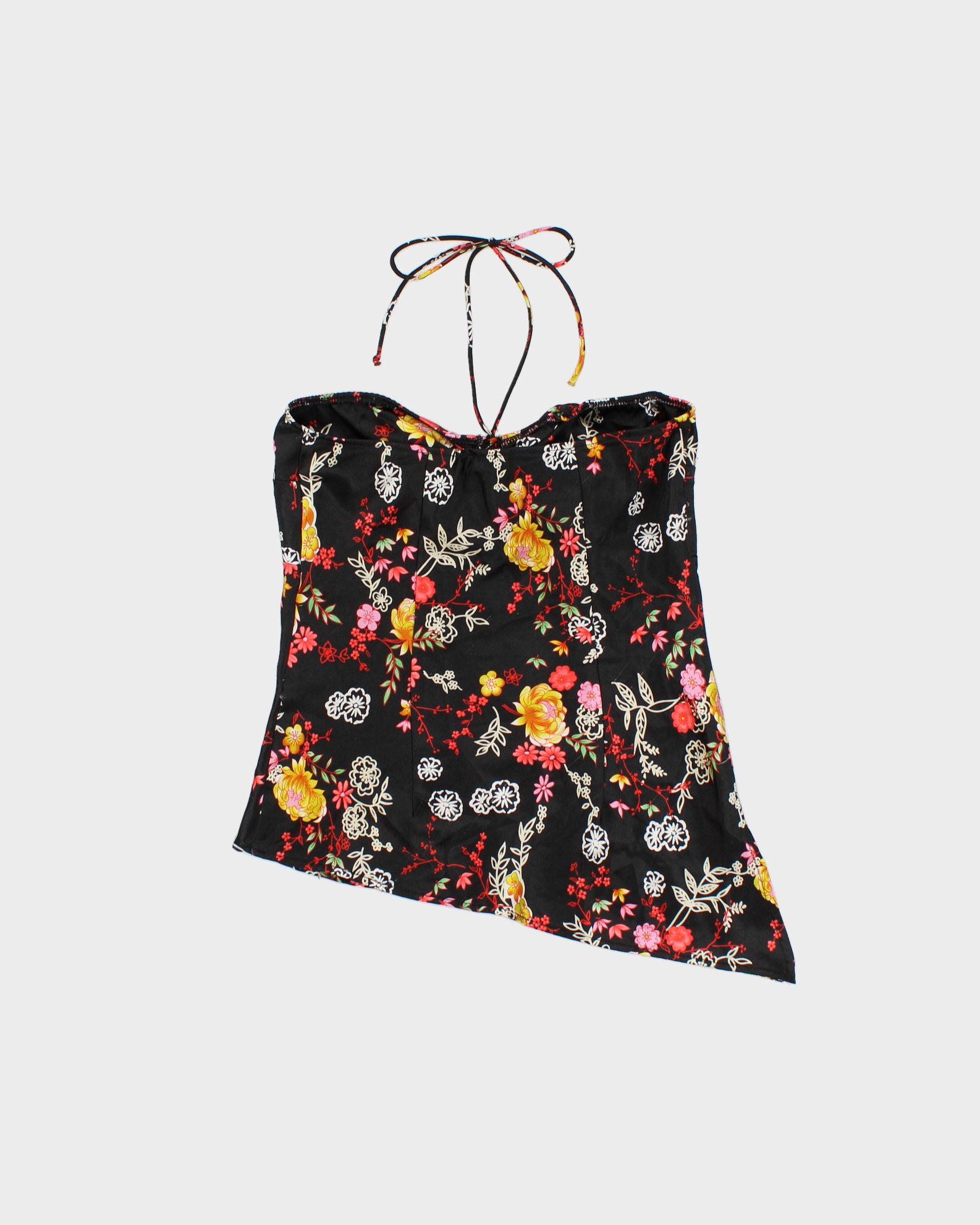 Vintage Y2K 2000s Brody Floral Satin Halter Neck Asymmetric Hem Top - M