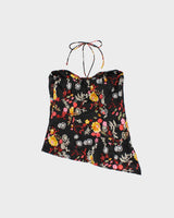 Vintage Y2K 2000s Brody Floral Satin Halter Neck Asymmetric Hem Top - M