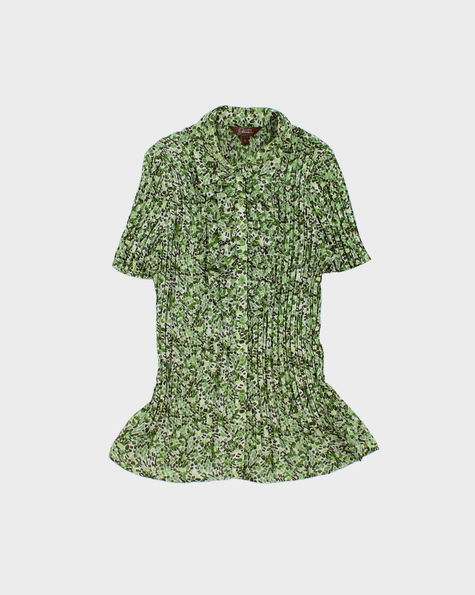 Y2K 00s Jessica Green Patterned Ruffled Short Sleeved Blouse - S