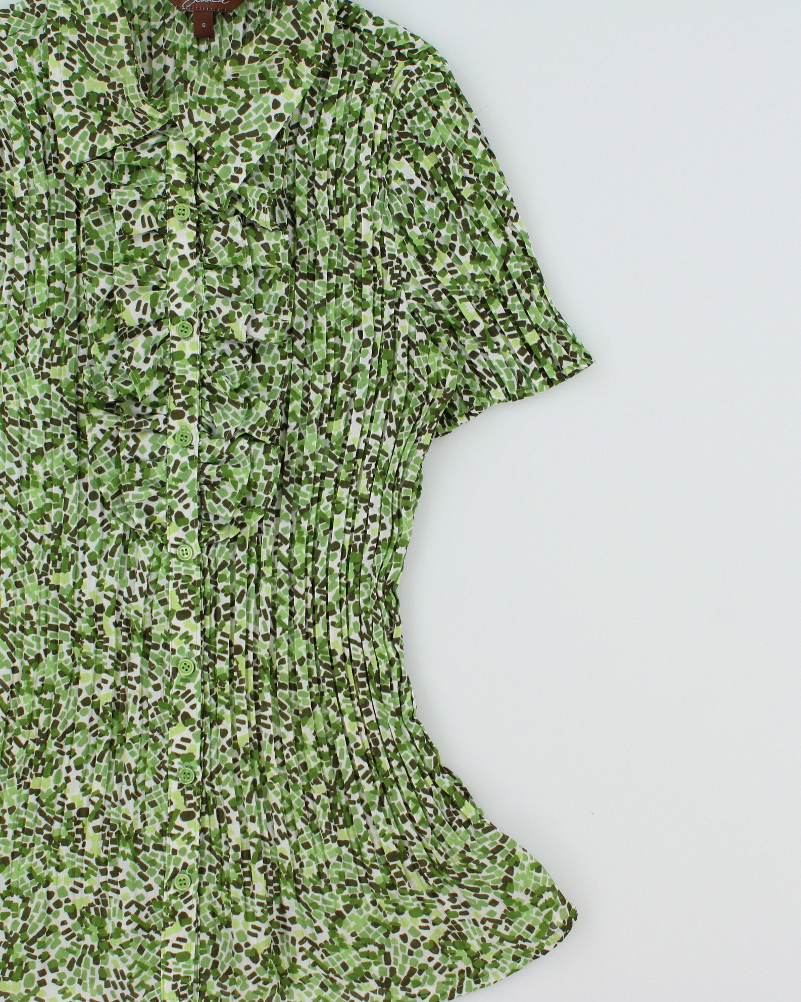 Y2K 00s Jessica Green Patterned Ruffled Short Sleeved Blouse - S