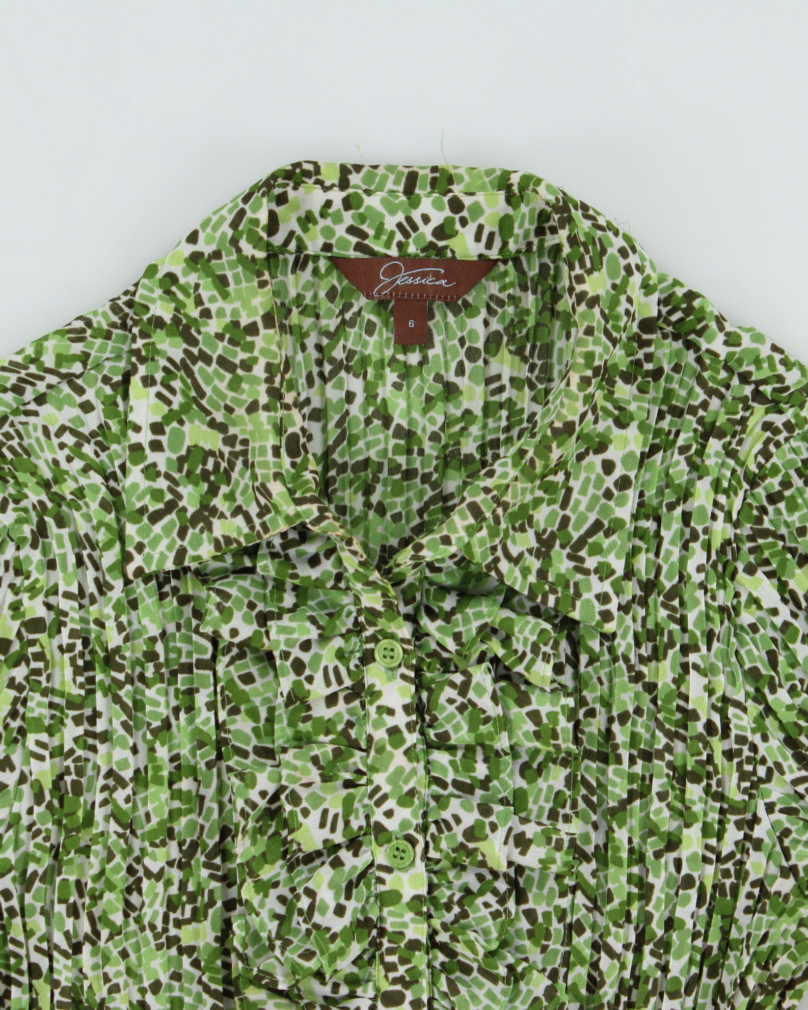 Y2K 00s Jessica Green Patterned Ruffled Short Sleeved Blouse - S