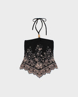 Vintage Y2K/90s Demore Black and Pink Floral Halter Neck - XS