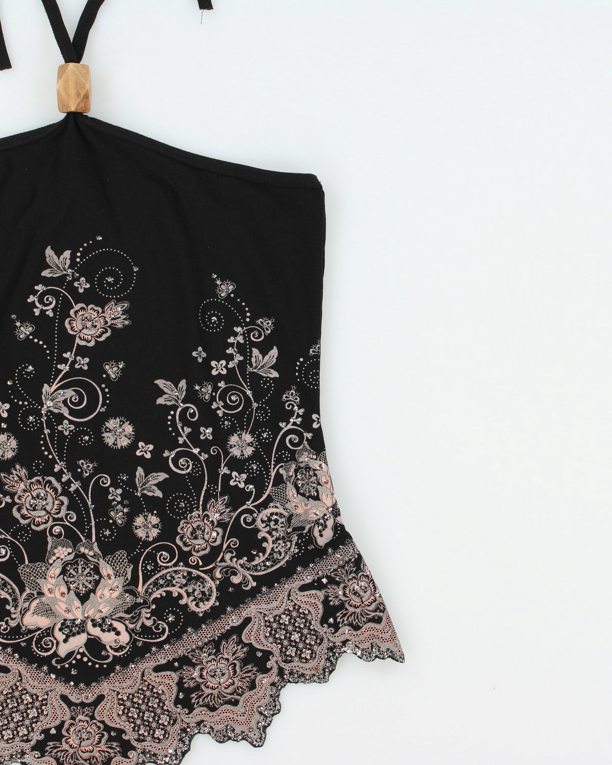 Vintage Y2K/90s Demore Black and Pink Floral Halter Neck - XS