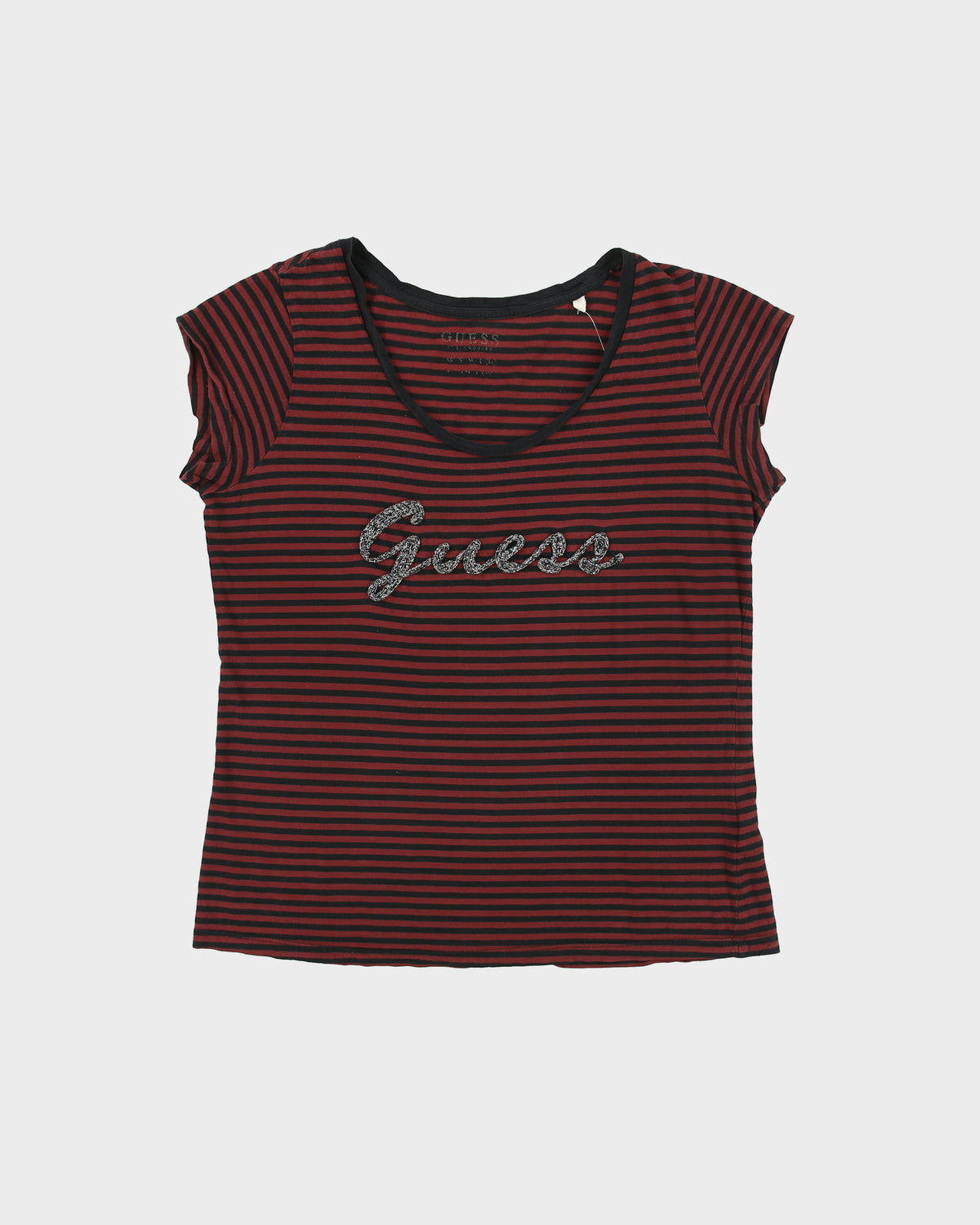Vintage Y2K 2000s Guess Textured Logo Striped Cap Sleeve T-shirt - XL