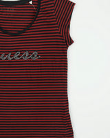 Vintage Y2K 2000s Guess Textured Logo Striped Cap Sleeve T-shirt - XL