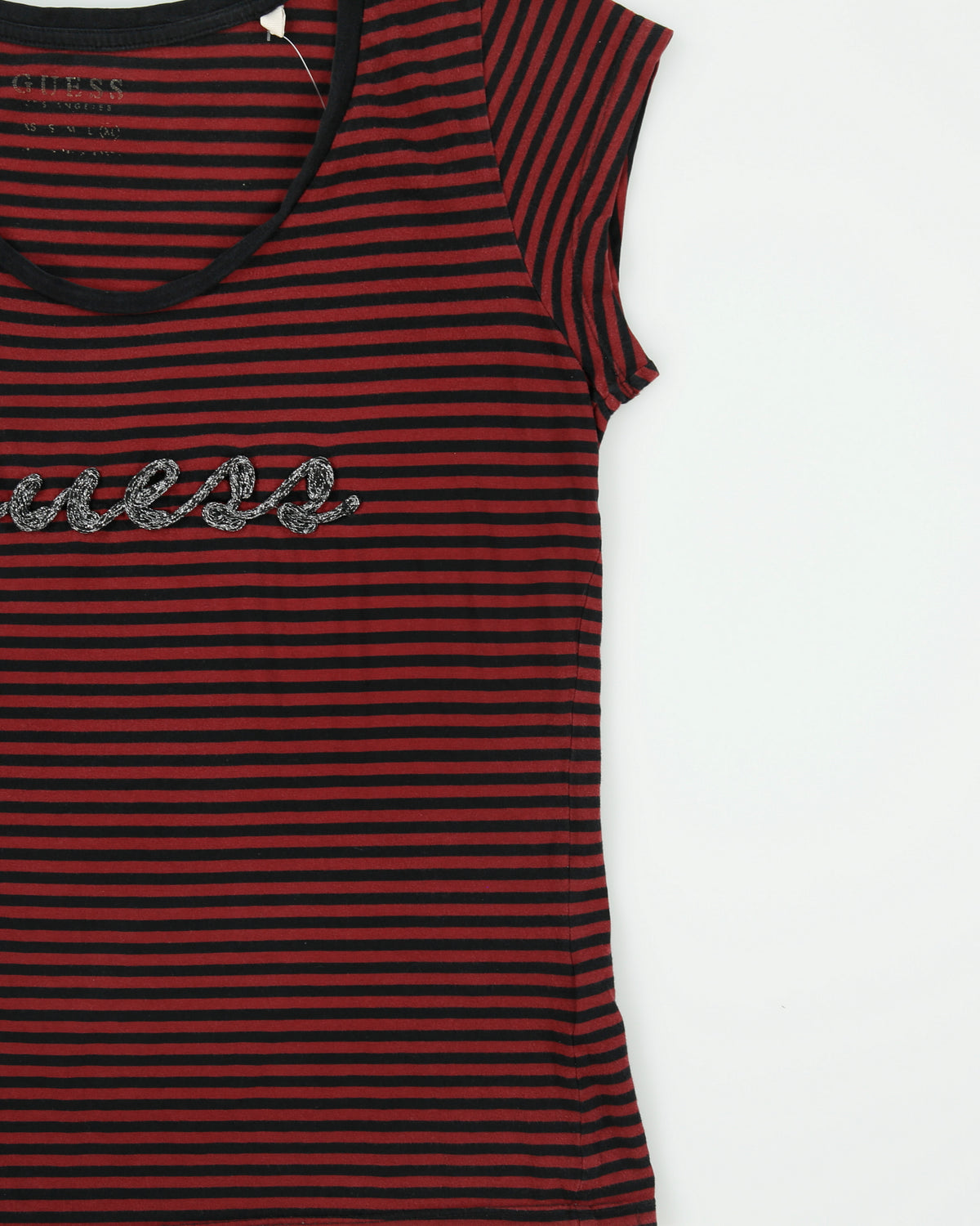 Vintage Y2K 2000s Guess Textured Logo Striped Cap Sleeve T-shirt - XL